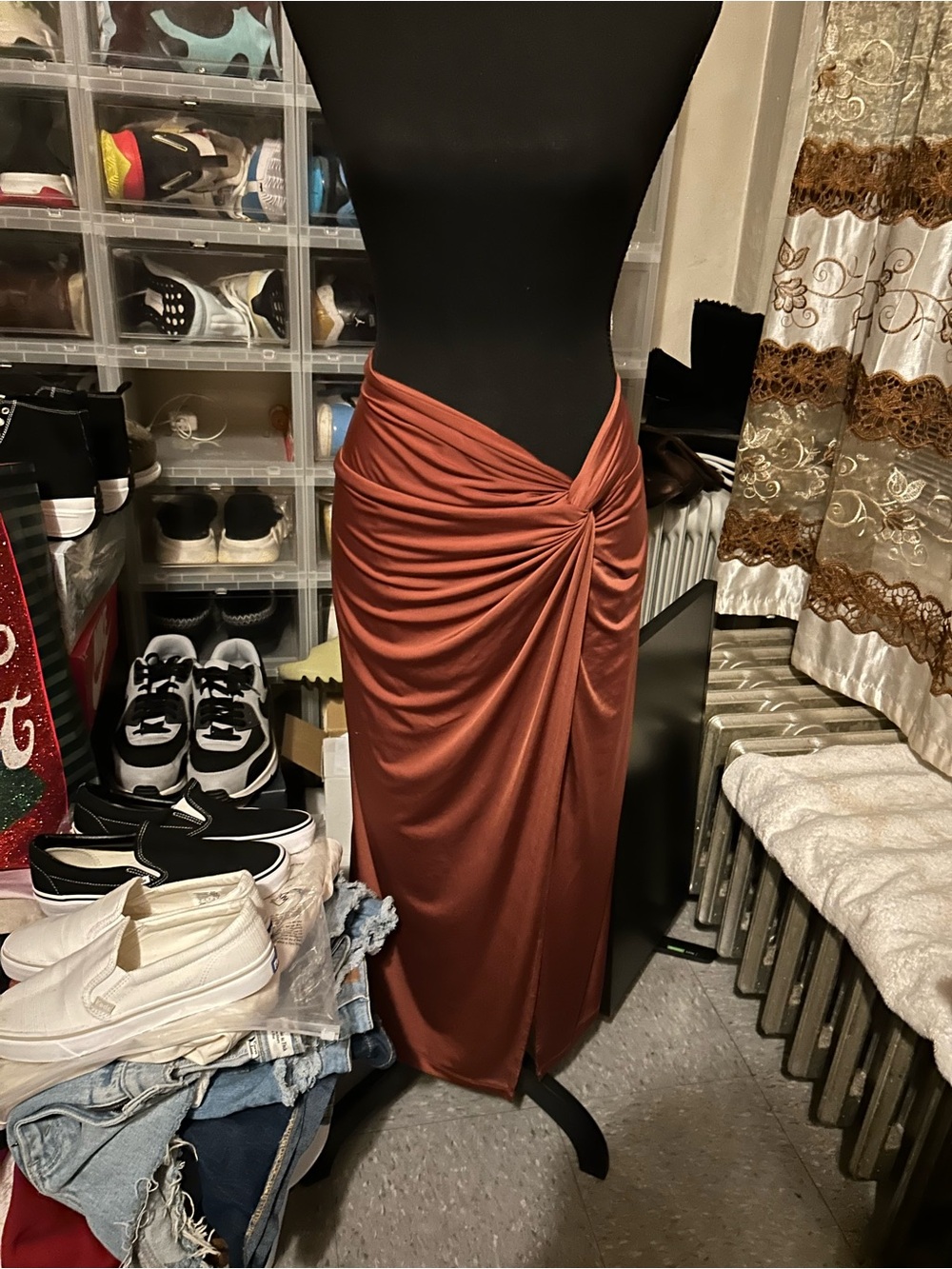 Express Rust-Tone Twist Midi Skirt